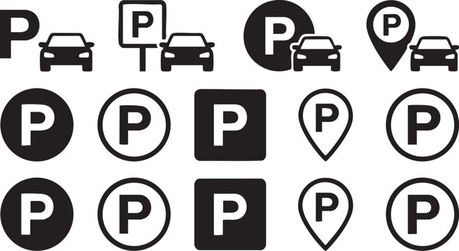 Various parking icons and signs in black and white vector graphic illustration set