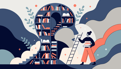 Person climbing ladder towards knowledge inside abstract head silhouette filled with bookshelves during day © Lamisa
