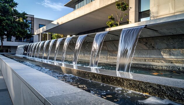 A modern outdoor water feature cascades in parallel streams with a sleek building in background