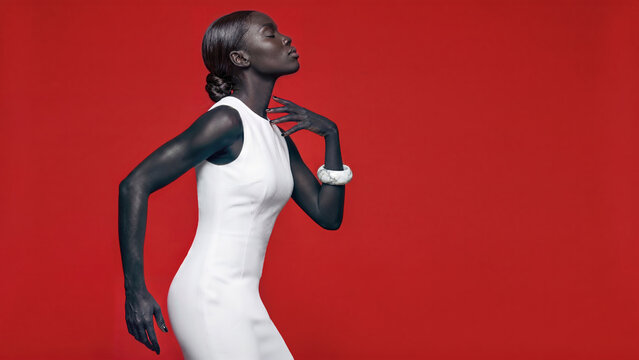 A model in a white dress poses against a solid red background, showing detailed skin texture and precise hand positioning. The minimalist design offers ample copy space on the right.