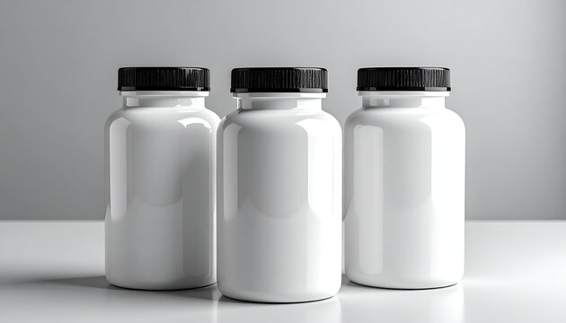 Three white pill bottles with black lids against a white surface, lit by studio light
