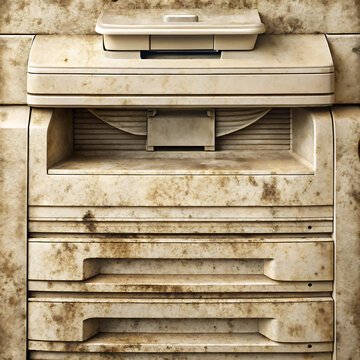 Close up of a heavily stained and worn commercial photocopier machine