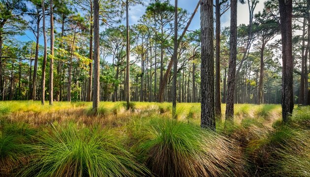 trunks of mature longleaf pine trees among green wiregrass blowing in the wind in a forest in south carolina