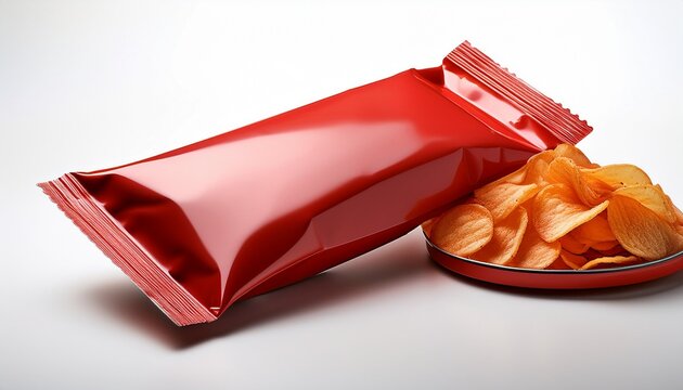 realistic mockup package of red chips package with label isolated on white background