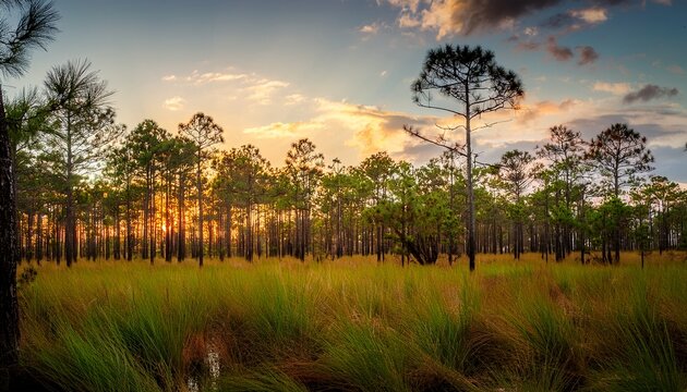 evening in the middle of regenerating longleaf pine forest in florida