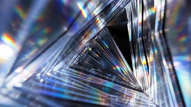 Tracking slow motion close up of glass prism rotating and refracting light on studio tabletop with iridescent rainbow reflections and geometric facets
