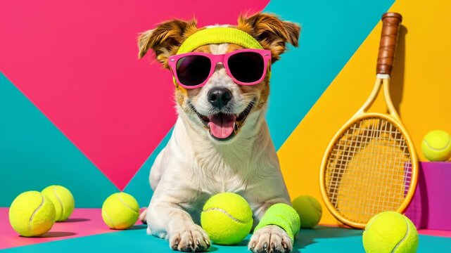 funny jack russell terrier wearing pink sunglasses with tennis balls and racket on colorful pop art background, playful summer sport dog concept
