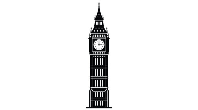 Detailed black and white vector illustration of the iconic Big Ben clock tower landmark design