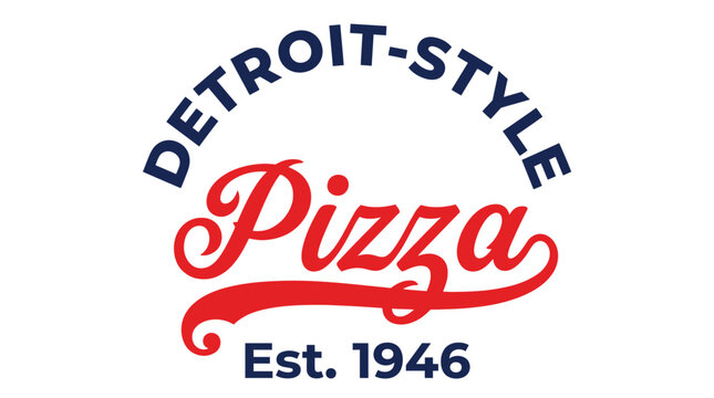 Red and blue vector graphic illustration featuring the classic text logo for Detroit style pizza