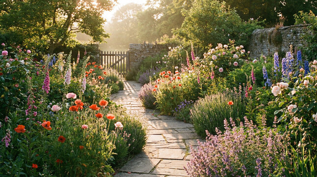 Cottage Garden Path with Wildflowers in Soft Afternoon Light. Wide view of winding stone pathway through lush cottage garden, mixed wildflowers bathed in dreamy golden hour glow