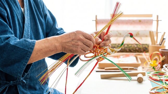 Artisan tying colorful mizuhiki paper cords to craft a traditional Japanese crane ornament