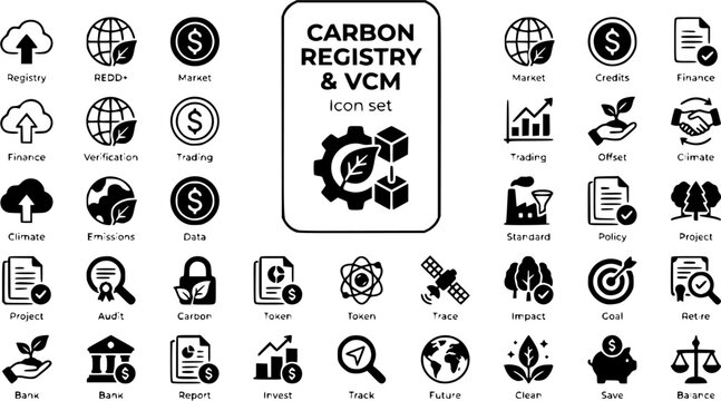 Carbon Registry VCM Icon Set REDD Voluntary Carbon Market Credits Climate Finance Offset Verification Emissions Trading Vector Illustration