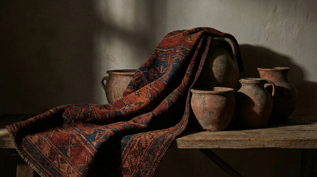 Dramatic Inti Raymi Textile and Pottery Still Life Composition. Side-lit artistic arrangement of woven textile draped over ancient-style pottery, shadows creating dramatic contrast, rich earth tones