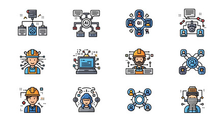 Collection of colorful cartoon vehicles and transportation icons set. © Reynaldi