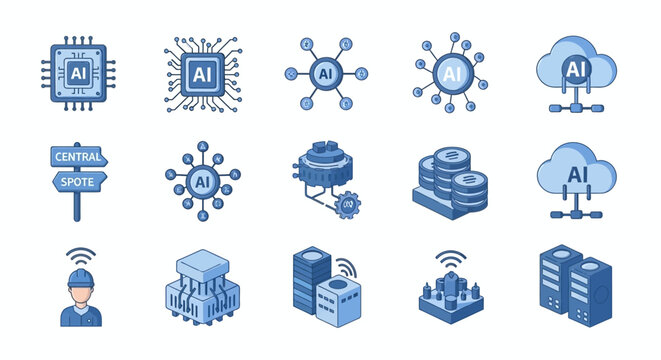 Blue line art icons representing artificial intelligence and technology concepts.