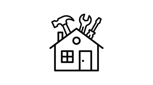 Minimalist vector illustration showing a house outline with various construction tools for professional home repair