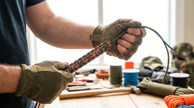 Person wearing tactical gloves weaving an orange and blue paracord survival bracelet using a cobra knot