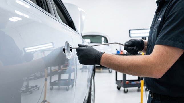 Auto body technician using a long metal pdr rod to massage out a dent from a silver car door