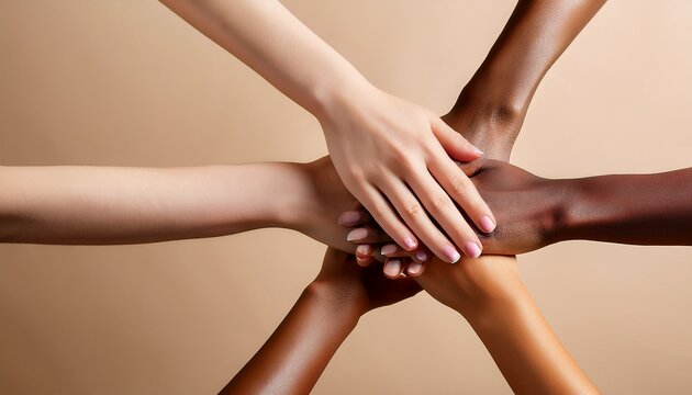 diverse hands clasped together in a stack radiating outwards from a central point on a light beige background a visual representation of unity and diversity