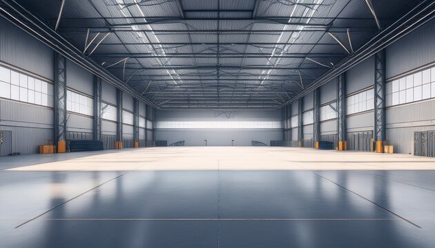 spacious modern hangar interior with open gates