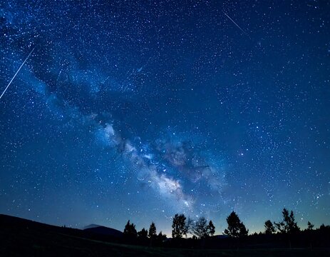 Deep blue night sky, a breathtaking cosmic display featuring the Milky Way, meteor streaks, and a silhouetted treeline