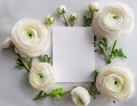 for wedding invitation design and floral decoration concepts a minimalist mockup features white ranunculus flowers arranged on a clean white background creating elegant stationery anniversary cards