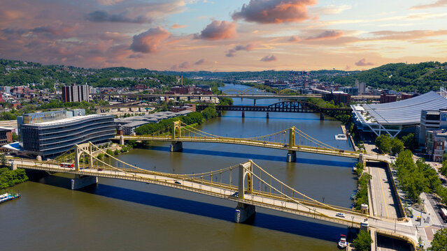 Aerial shot along the Allegheny River in Pittsburgh Pennsylvania USA