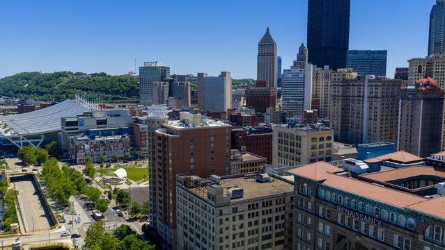 Aerial shot of Skyscrapers and office buildings in the skyline in Pittsburgh Pennsylvania USA
