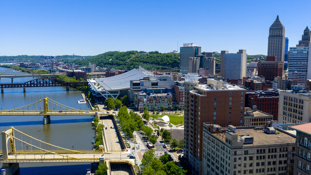 Aerial shot along the Allegheny River in Pittsburgh Pennsylvania USA