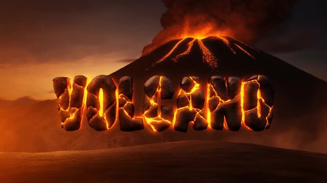 Fiery volcano eruption with lavafilled text emerging in dramatic landscape