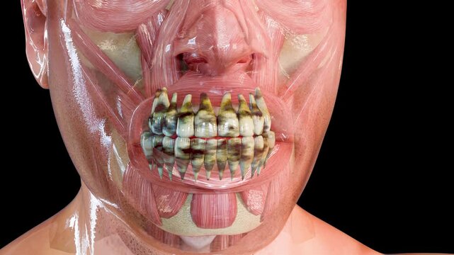 Progression of Tooth Decay and Dental Erosion, Healthy Teeth Turning into Damaged Enamel, Pathological Decay Process in Human Dentition, 3d render