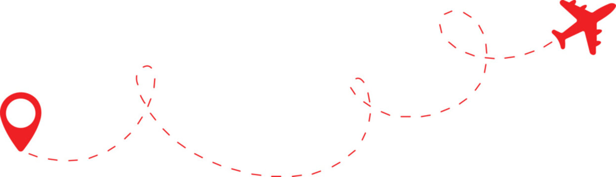Red airplane flight path with a dashed line trajectory and a location pin marker, isolated on a white background, for travel concepts
