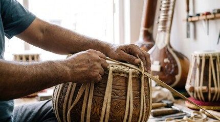 Naklejka premium Craftsman tightening leather straps on a traditional tabla drum in music workshop