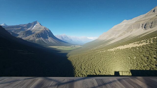 Panoramic mountain valley forest and sky viewed through sunlit modern room window with serene