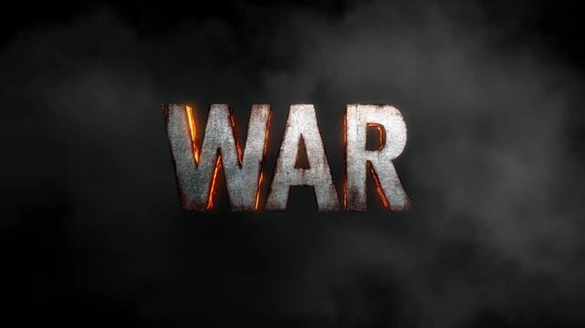 Slow zoom in of metallic war text emerging through smoke with glowing ember cracks on black studio background, centered ominous atmosphere