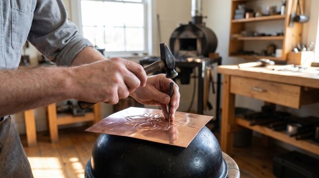 Coppersmith using hammer and punch to emboss a floral design onto a copper sheet