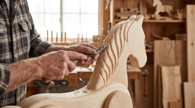 Woodcarver using a gouge chisel to shape the mane of a wooden rocking horse