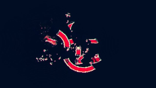 Static shot of prohibition no symbol shattering into pixels with glitch animation on dark background centered on screen