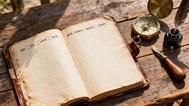 Vintage logbook and compass for navigation planning