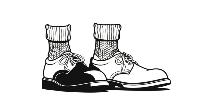 A pair of classic saddle shoes with ribbed socks in a black and white line art illustration.
