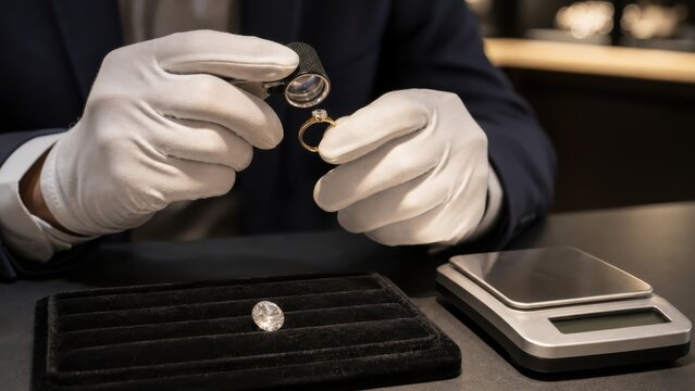 手袋で指輪を鑑定する宝石査定の現場