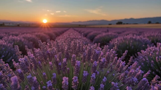 Lavender field sunset and sunrise with blooming purple flowers and rows of purple blooms warm