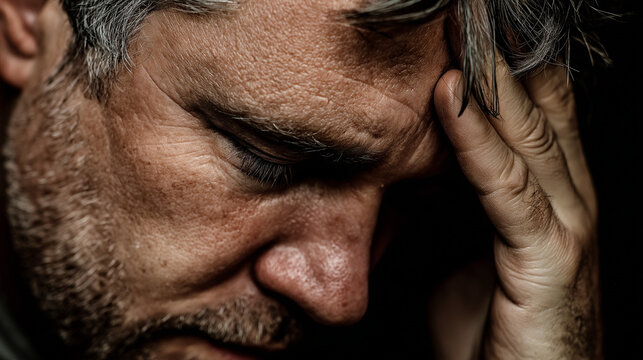 Middle aged man holding head in hands with anguished expression, stress and despair in dark portrait
