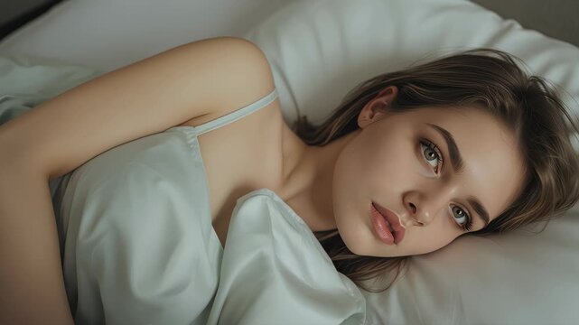 Young woman portrait bed with pillow blanket sheet, serene morning light and thoughtful relaxed pose