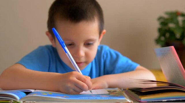 Focused Young Boy Writing Homework in Notebook &ndash; Child Concentrating at Home
