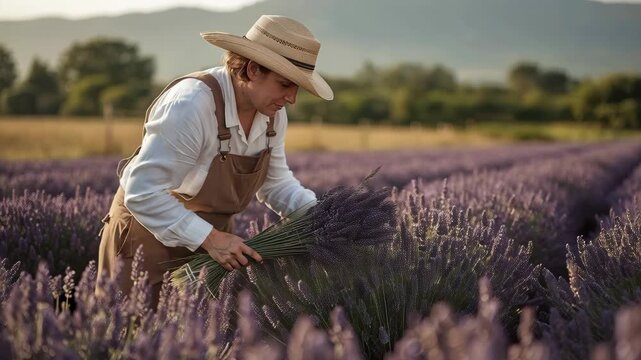 Woman lavender field farmer harvest bouquet golden hour peaceful rural scene gathering blooms