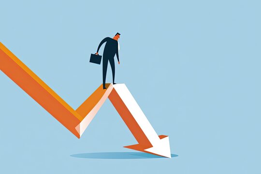 A businessman stands on a downward-trending orange graph, looking defeated
