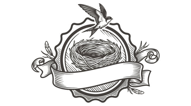 Bird flying over nest with ribbon.