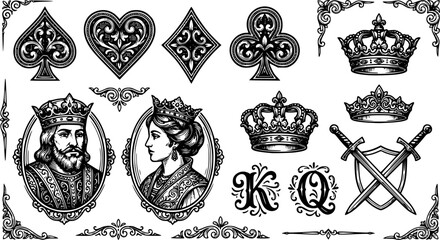 Obraz premium Vintage Playing Card Royal Symbols and Ornamental Suit Designs Set Featuring Kings, Queens, Spades, Hearts, Diamonds, Clubs, Crowns, Swords, and Decorative Card ... See More