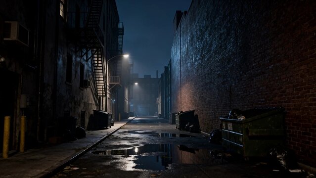 Nocturnal urban alley with reflective puddles